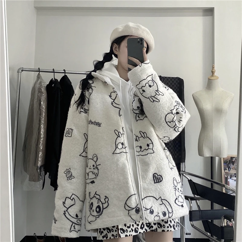 

Autumn And Winter Cartoon Print Warm Thick Jacket Loose Harajuku Cotton Jacket 2020
